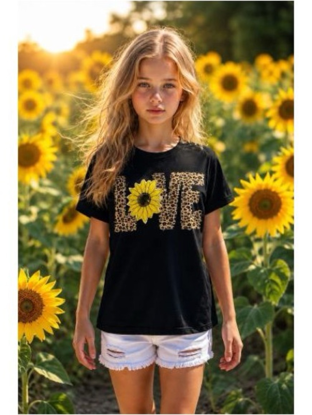 BRAND NEW WITH TAGS Girls Black Leopard LOVE Tee with Sequin Sunflower